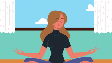 young girl practicing yoga in the house character