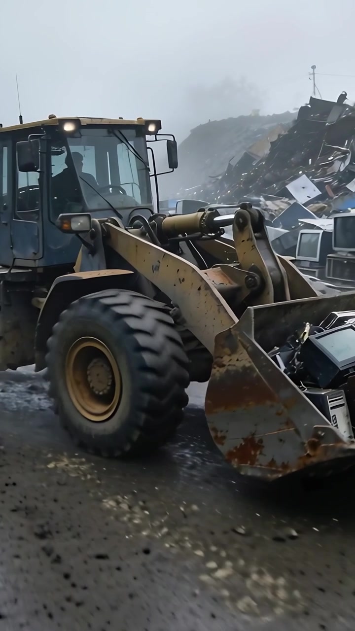 Vertical video: Engaging controls loader hauling CRTs through muddy scrapyard toward scrap pile