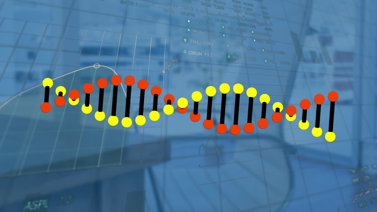 animación de la hilera de adn y procesamiento de datos en una oficina vacía