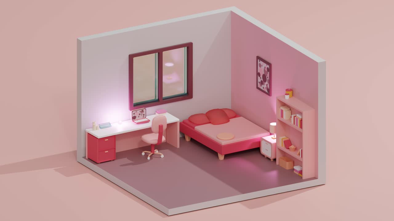 3D animation loop low poly of modern bedroom with glowing lamps and pink color, isometric view