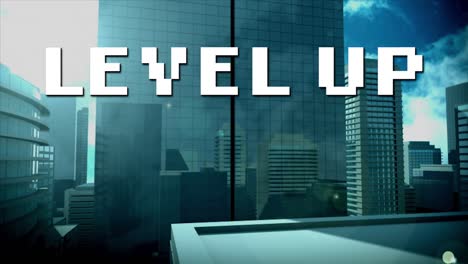 Animation-of-white-pixel-text-level-up,-over-modern-cityscape