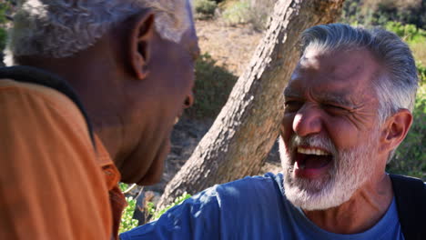 two senior male friends laughing and talking as they hike along trail in countryside together