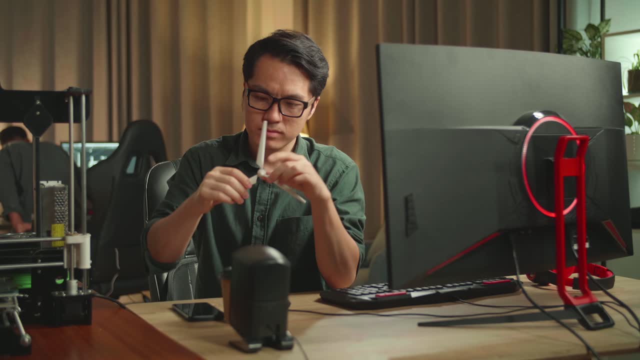 Asian Man Looking At Wind Turbine Model From 3D Printer And Works On Personal Computer, He Works At Night