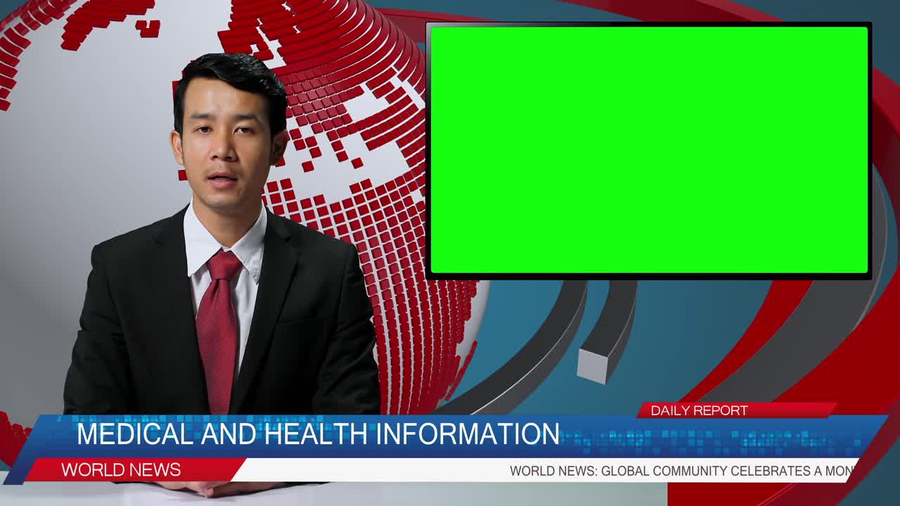 Live News Studio With Asian Male Anchor Reporting On Medical And Health, Video Story Show Green Chroma Key Screen Placeholder Copy Space.Television Newsroom Channel With Professional Presenter