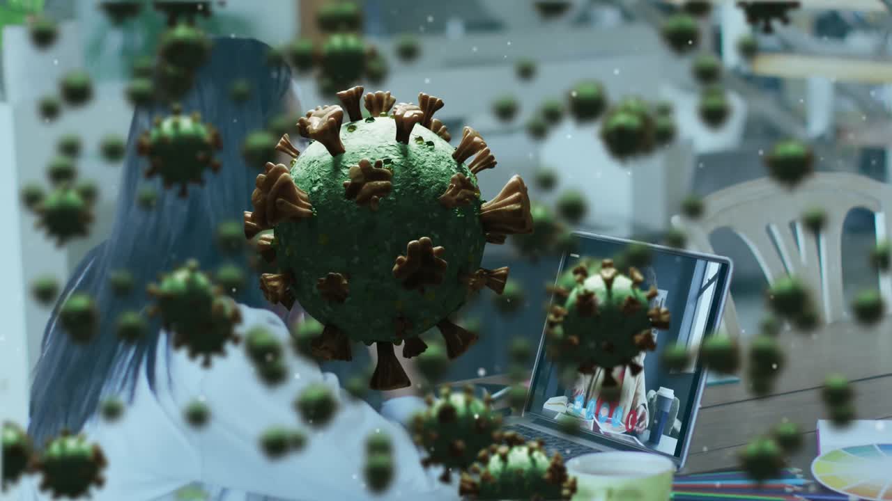 노트북 비디오 통화에서 사업가 여성에 대한 코로나 19 세포의 애니메이션