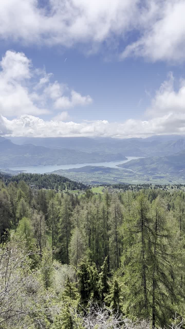 Vertical panorama of Lac de Serre-Ponçon, France. Sweeping view over alpine forest, lake, and mountains under a partly cloudy sky. Perfect for travel and nature visuals.