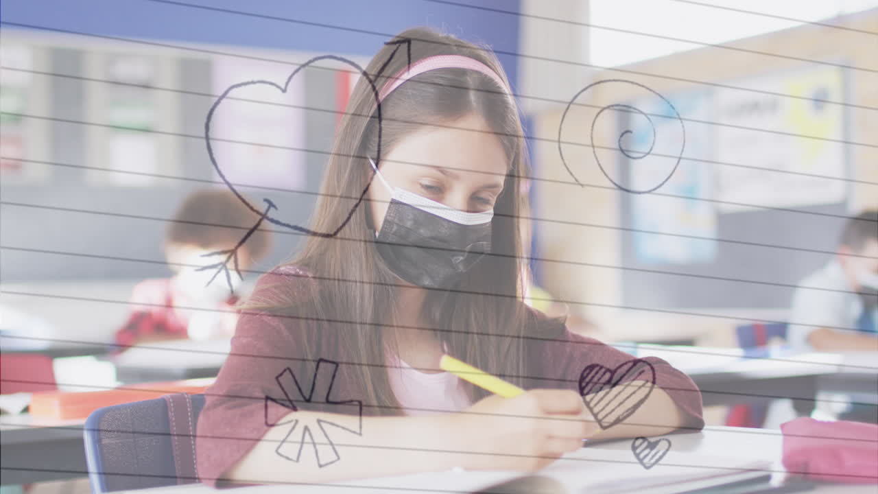 학교에서 수업에서 공부하는 백인 소녀에 대한  ⁇  줄로 된 종이 위에 여러 개의 아이콘