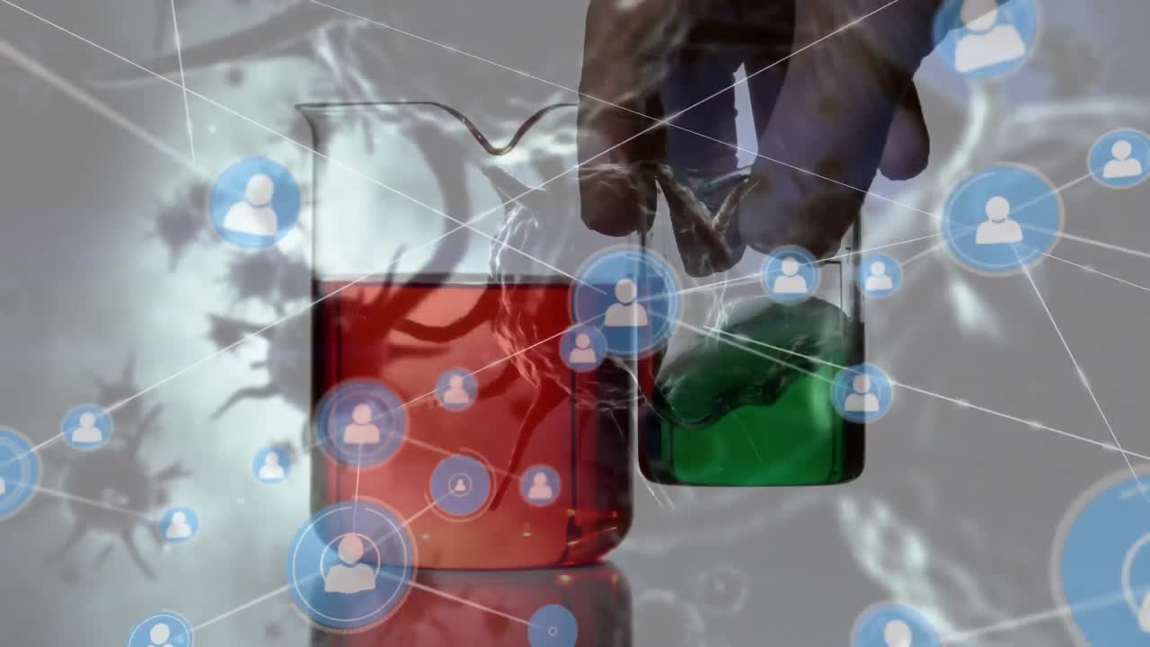 실험실 컵과 코로나 19 세포를 통한 연결 네트워크의 애니메이션