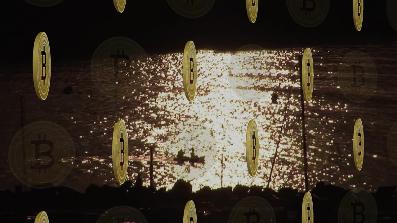 Bitcoin coins animation over shimmering water with silhouetted boat in background