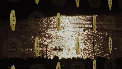 bitcoin coins animation over shimmering water with silhouetted boat in background