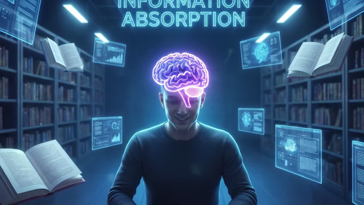 Uomo che assorbe informazioni digitali con un cervello luminoso in una biblioteca futuristica