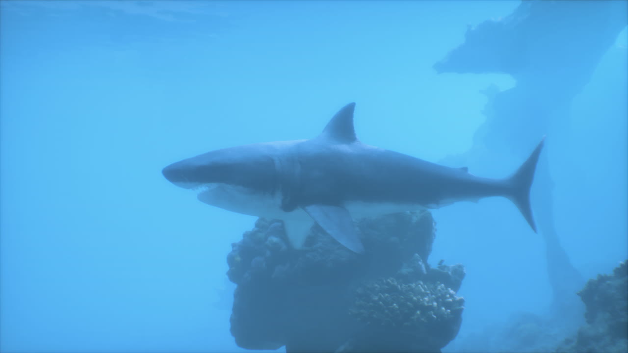 gran tiburón blanco nadando bajo el agua