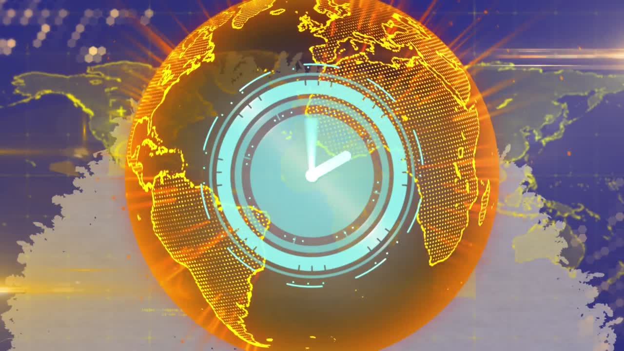 animación de un reloj que se mueve rápidamente por el globo con redes de conexiones y un mapa del mundo