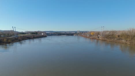 Suspended-Footbridge-Over-Rhône-River---aerial-fly-over