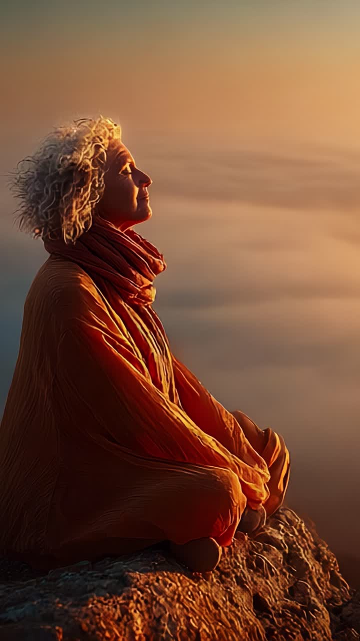 Contemplative Moment: A Serene Figure Meditates Amidst Foggy Horizons at Sunrise, Embracing Tranquility and Inner Peace in Nature's Breathtaking Embrace