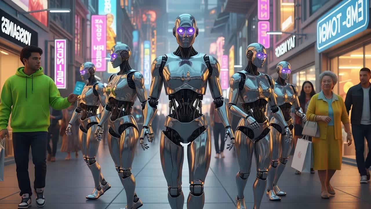 Futuristic City Scene Featuring Advanced Androids with Illuminated Eyes Walking Through a Vibrant Market District Filled with Shimmering Neon Lights and Diverse Passersby