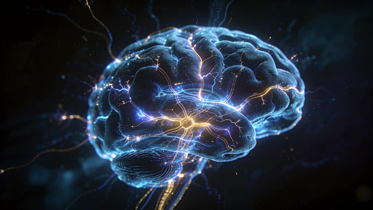 Cerveau stylisé pulsant avec un noyau central s'illuminant, envoyant des filaments dans le vide sombre, pour la recherche.