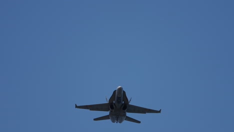 military jet aircraft flying directly overhead with clear view of engines and wings against blue sky