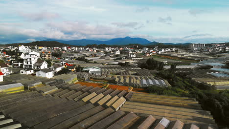 aerial view of a vibrant greenhouse town nestled on a lush mountainside. drones glide over glass domes, revealing thriving crops and sustainable living in a serene, futuristic landscape
