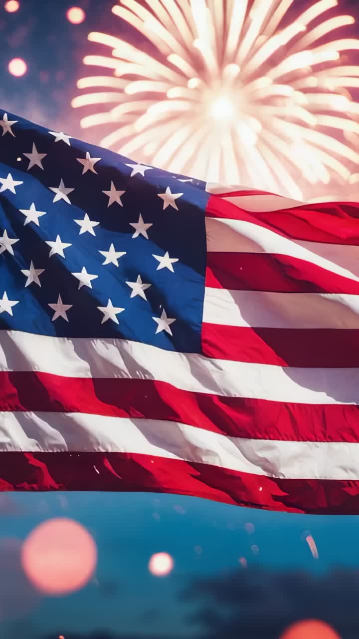 Video verticale: fuochi d'artificio che illuminano una bandiera americana che ondeggia in segno di festa, con scie