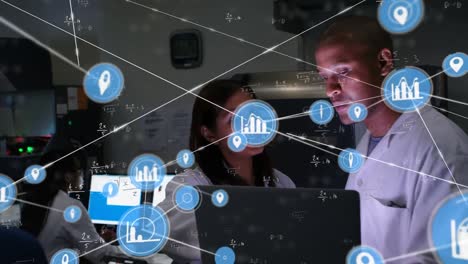 Animation-of-graphs-and-gps-icons-over-diverse-scientists-discussing-reports-on-laptop