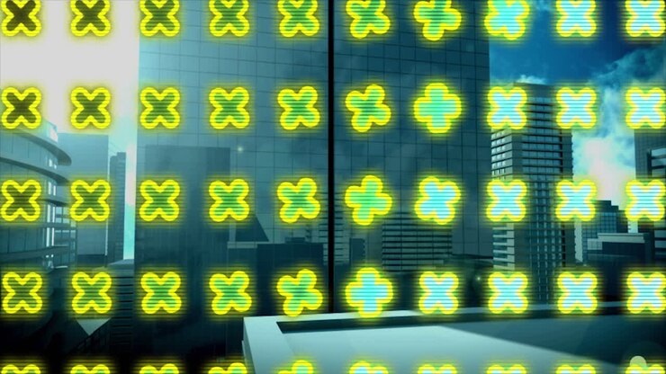 Animation of x marks over digital cityscape