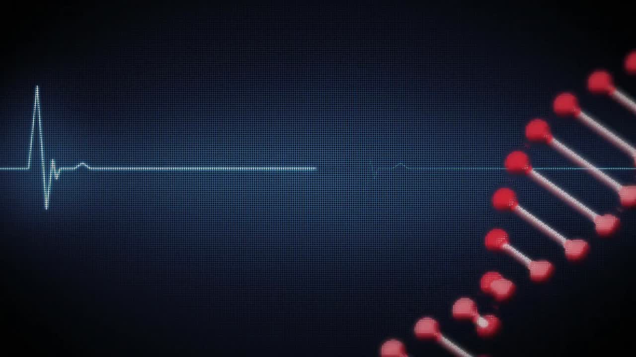 배경에는 심장 박동 모니터 스캔과 함께 회전하는 dna 가닥의 애니메이션