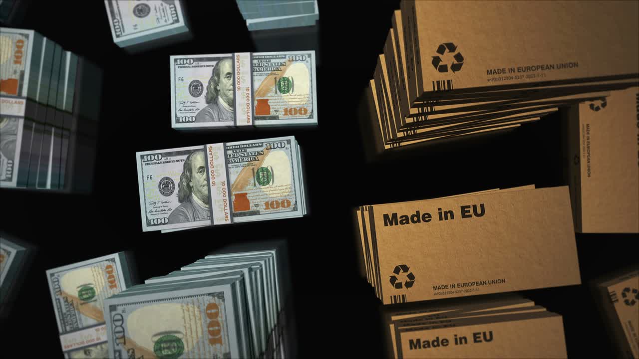 3D-Loop-Animation einer „Made in EU“-Box und eines EU-Dollar-Geldbündels
