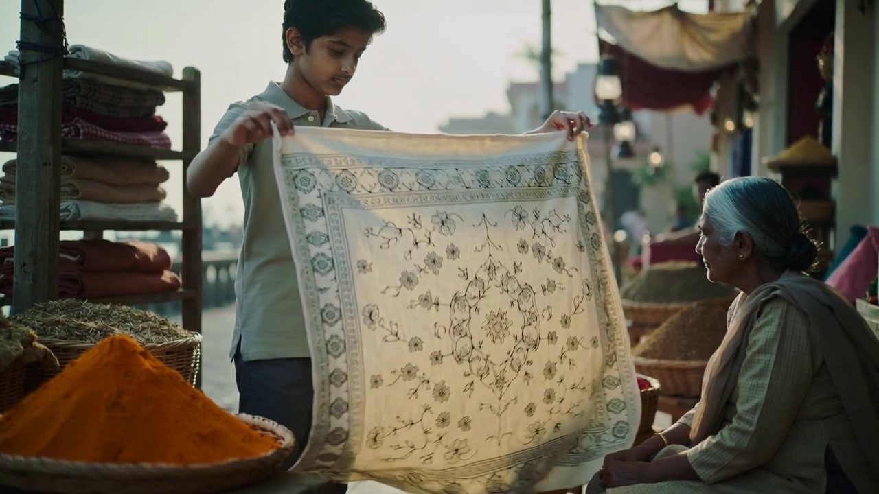 Unfolding boy in grey polo revealing patterned cloth at market stall with spice baskets for sale