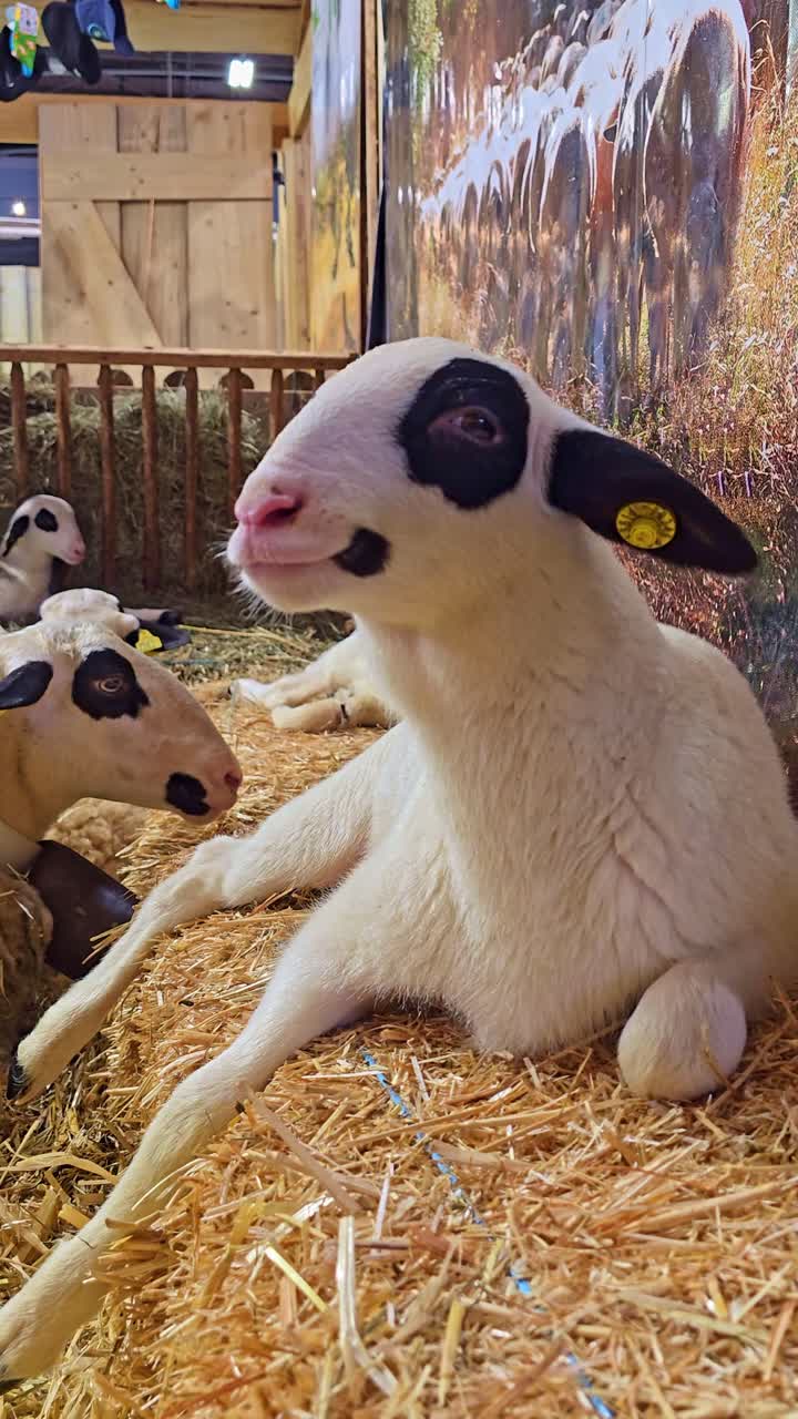 Pecora bianca con macchie nere che riposa sulla paglia mentre mastica, circondata da altre pecore all'interno di un recinto agricolo.