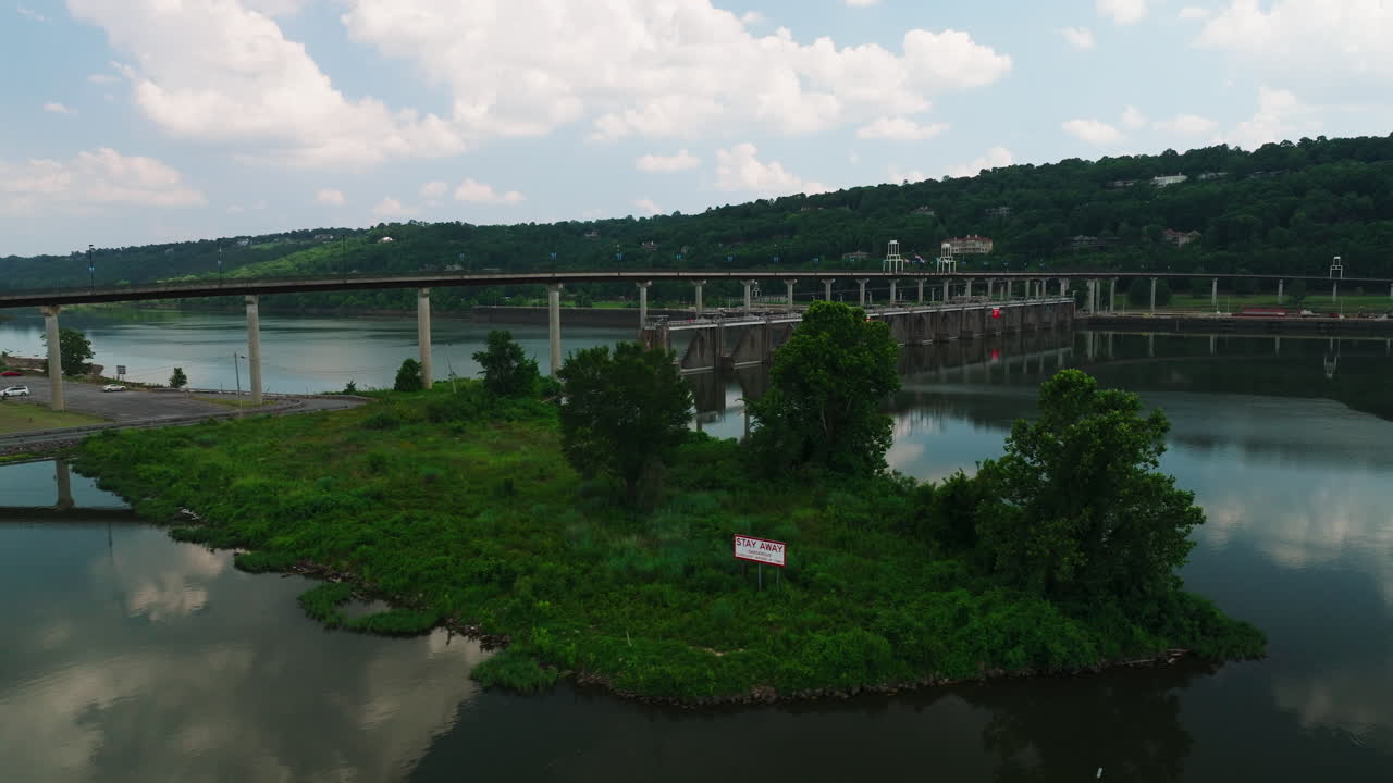 Peaceful River Under Big Dam Bridge Near Cook's Landing Park In North Little Rock, Arkansas, USA