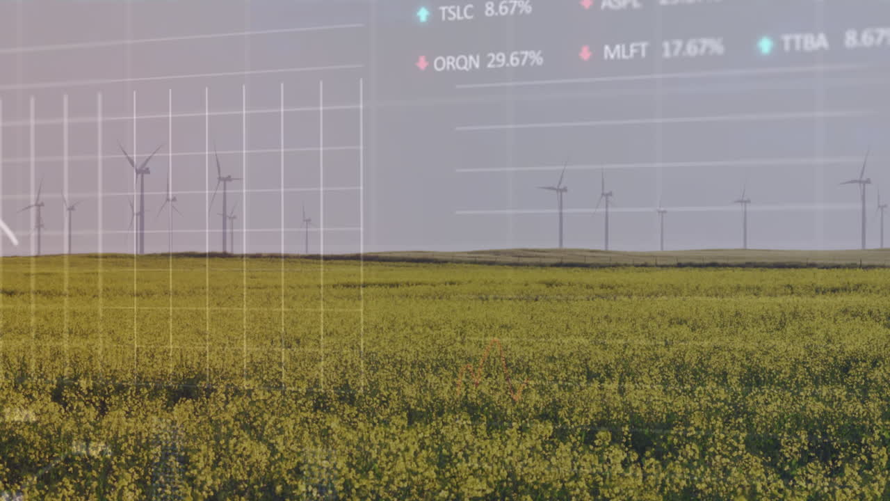 animación del procesamiento de datos estadísticos y bursátiles contra molinos de viento giratorios en pastizales