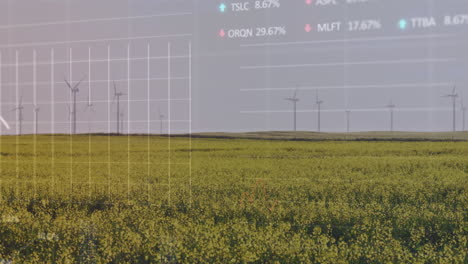 animation of statistical and stock market data processing against spinning windmills on grassland