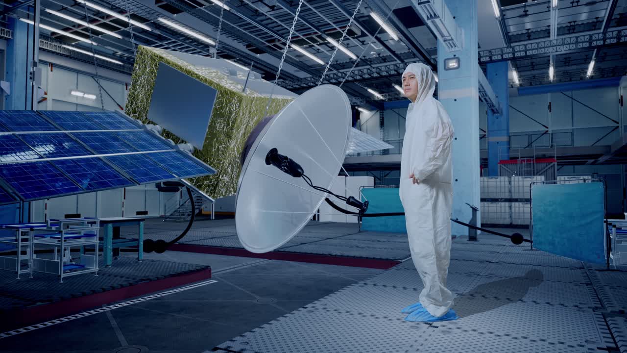 아시아 남성 과학자가 이에 손을 고 우주선 건설을 둘러보는 전체 몸의 측면 시각