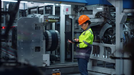 engineer typing laptop computer wearing safety uniform on modern factory.