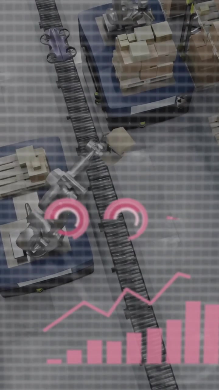 Animazione di diagrammi ed elaborazione dati su macchinari in funzione in magazzino