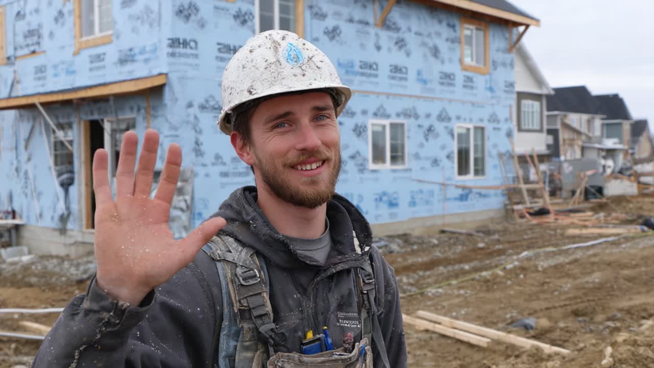 Un operaio edile sorridente che saluta, mostrando sicurezza e orgoglio in un cantiere circondato da progresso e nuovi sviluppi