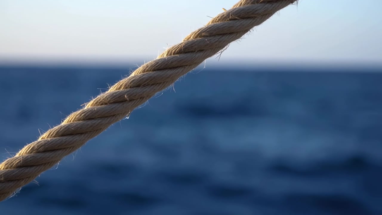 Primo piano di una spessa corda in fibra naturale tesa in diagonale, con fili intrecciati, grana grossolana, fibre sfilacciate e una piccola goccia d'acqua, contro un orizzonte oceanico azzurro tenue e uno sfondo marittimo calmo.