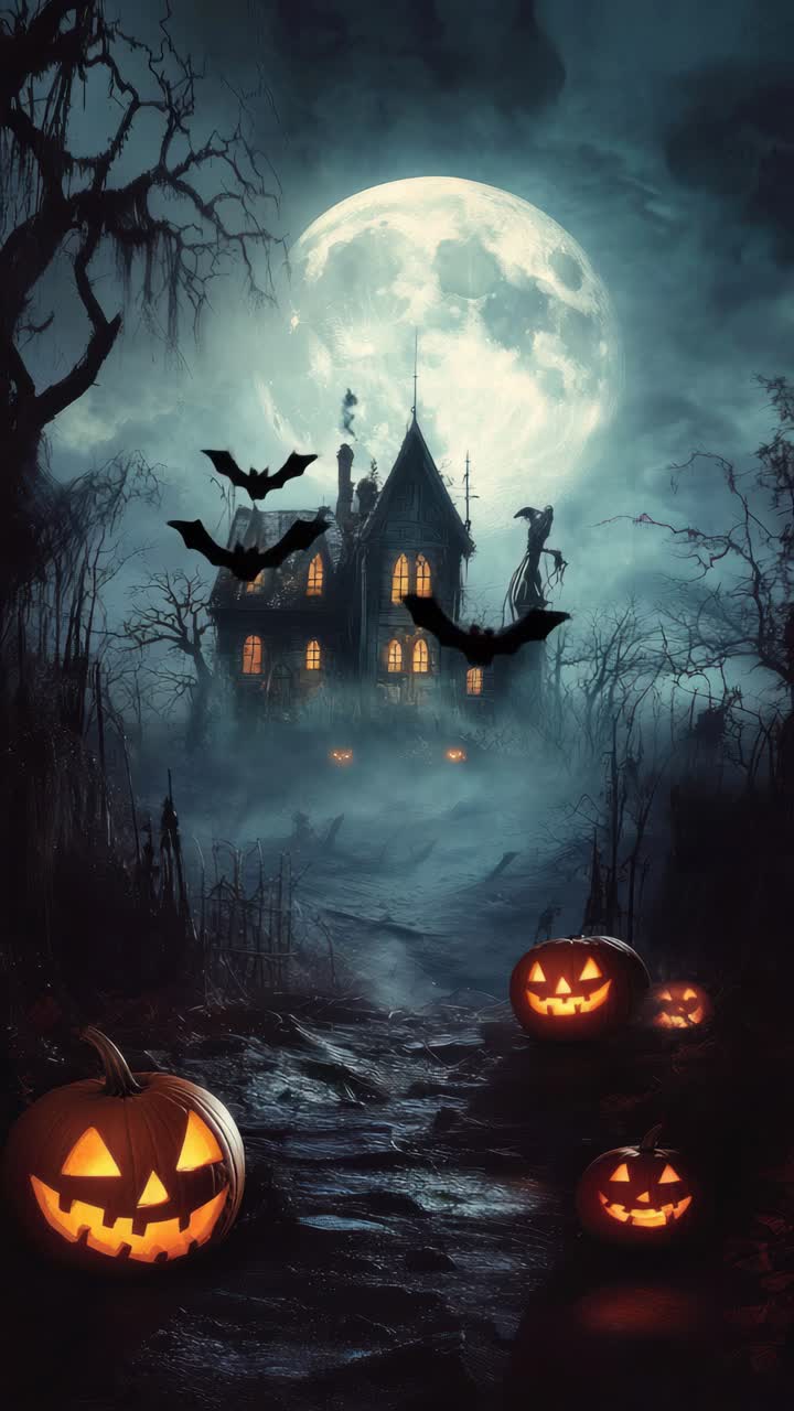 Concetto video inquietante ripreso da un'angolazione bassa di una casa stregata sotto una luna piena, con jack-o'-lantern luminose