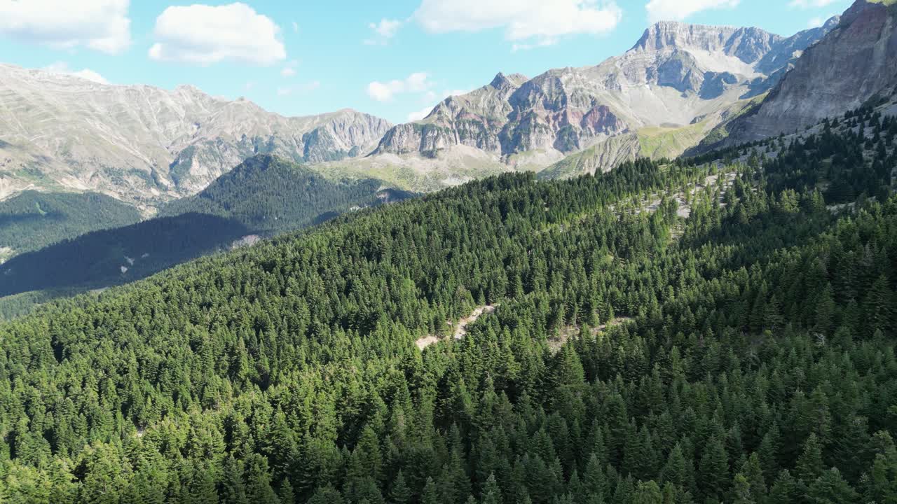 picos de montaña y bosque de pinos verdes en el parque nacional de tzoumerka, ioannia, epirus, grecia - vista aérea