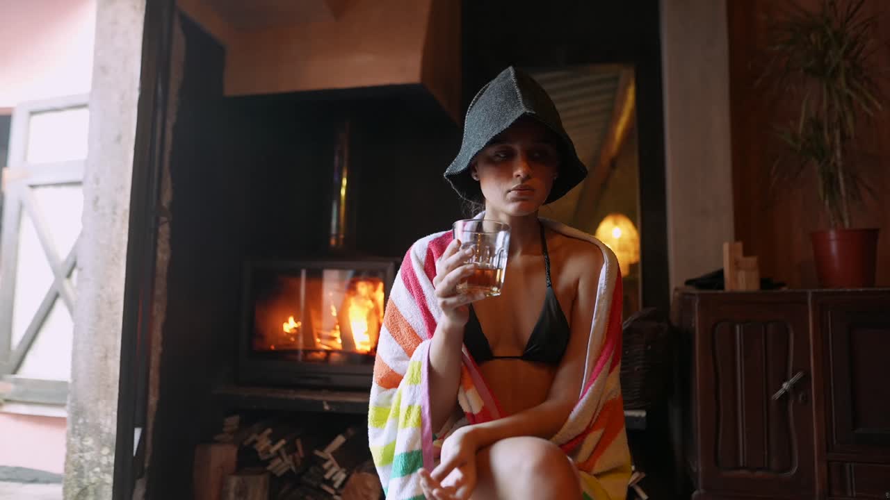Giovane donna che si rilassa accanto al caminetto con cappello da sauna e asciugamano