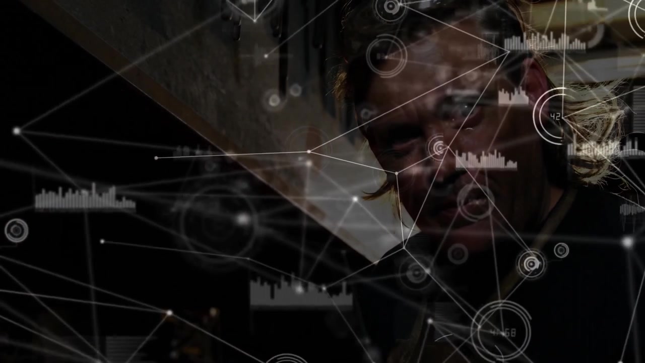 Electronics technician leaning forward and starting hologram network with data charts for analysis