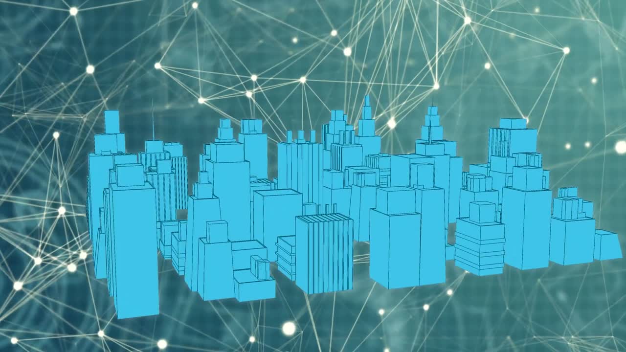 3d 도시 풍경 도면 위의 연결 네트워크의 애니메이션