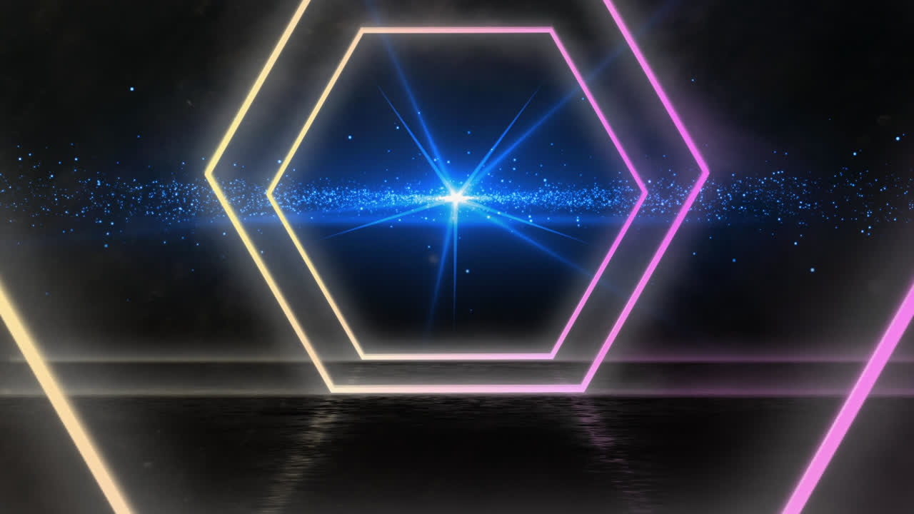 노란색과 분홍색으로 빛나는 네온의 터널의 애니메이션 밤 하늘과 함께 움직이는 밝은 육각형