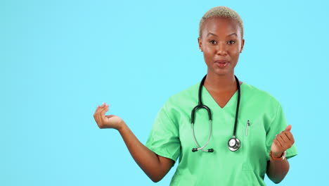 Woman-doctor,-empty-space-and-hand-presentation