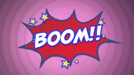 animación de texto de boom sobre una burbuja de habla contra círculos concéntricos en fondo púrpura.