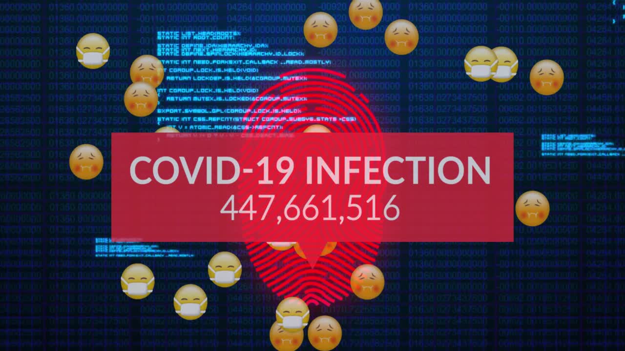 Animation of text covid 19 infection and rising numbers on red, fingerprint scan and emojis on black
