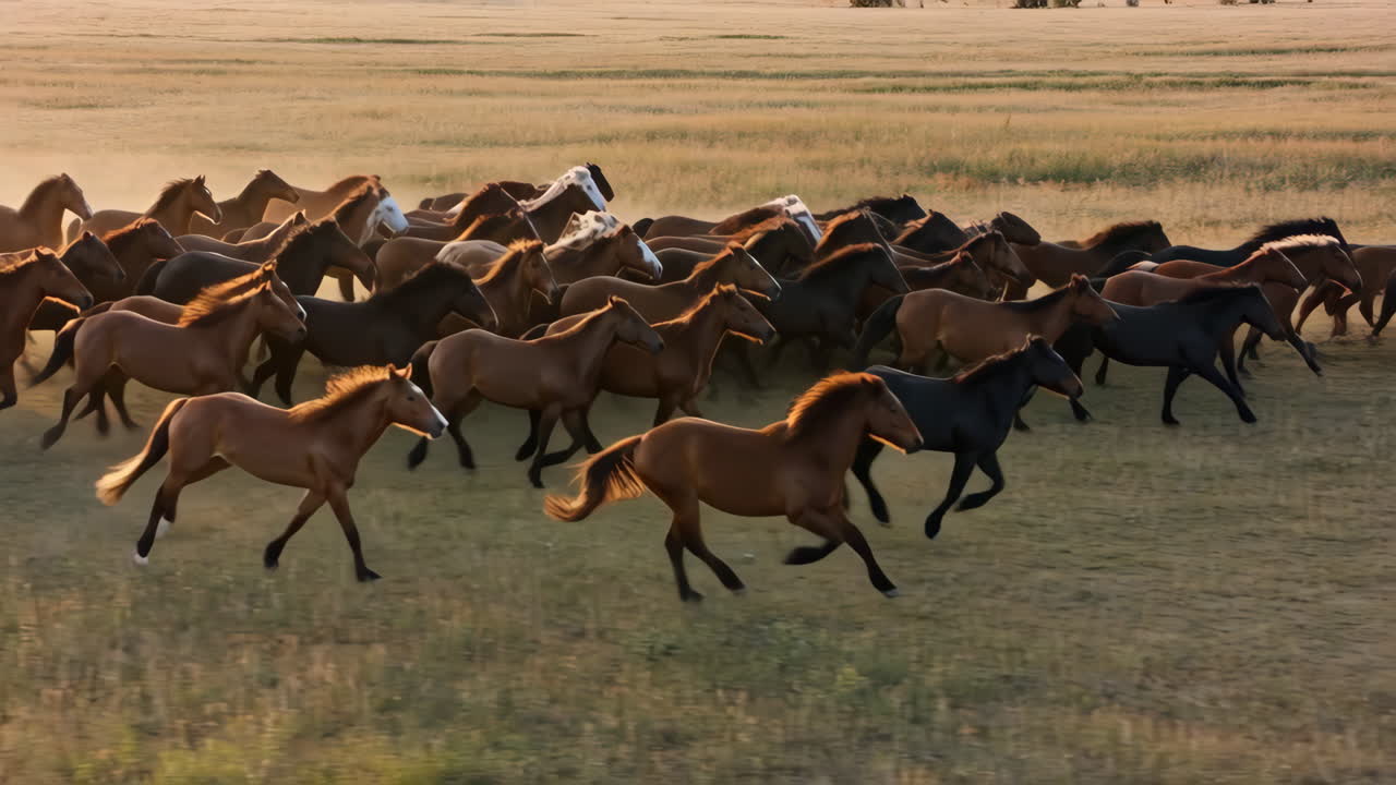 A large herd of horses galloping across a dusty plain at sunset