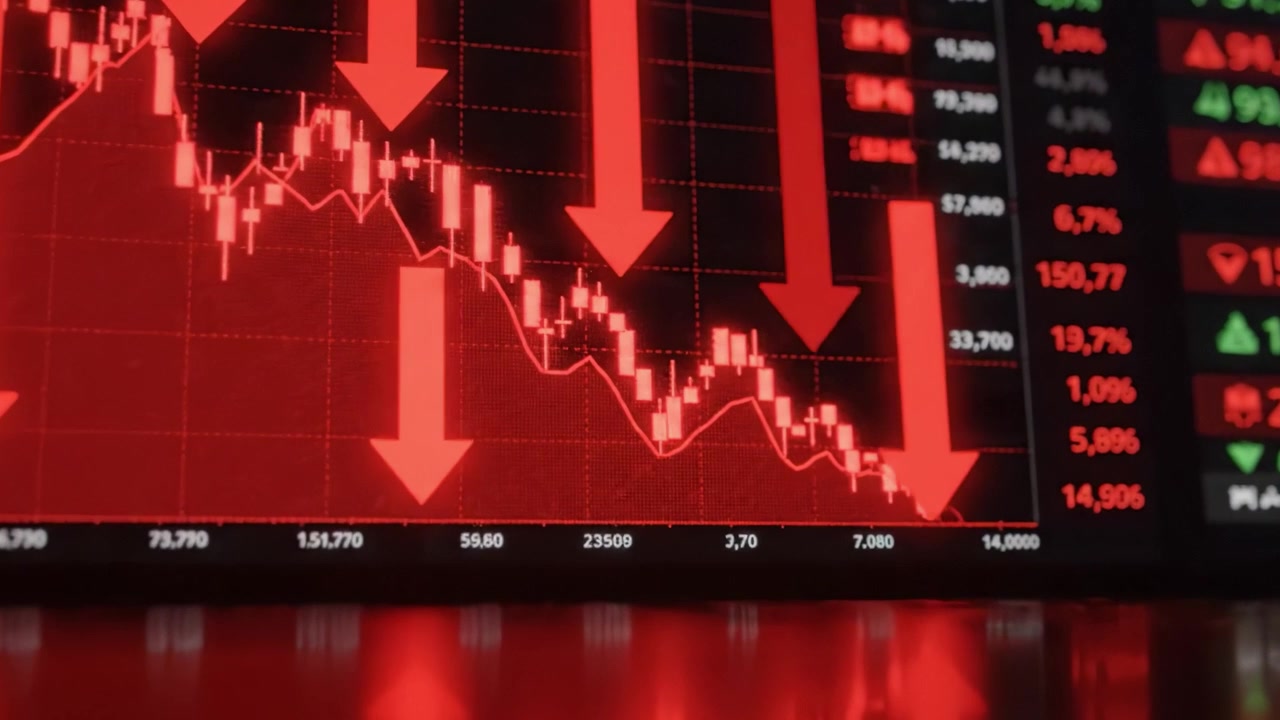 Market Downtrend Analysis: Visual Representation of Stock Decline with Graphs and Arrows Indicating Bearish Movement in Trading Environment