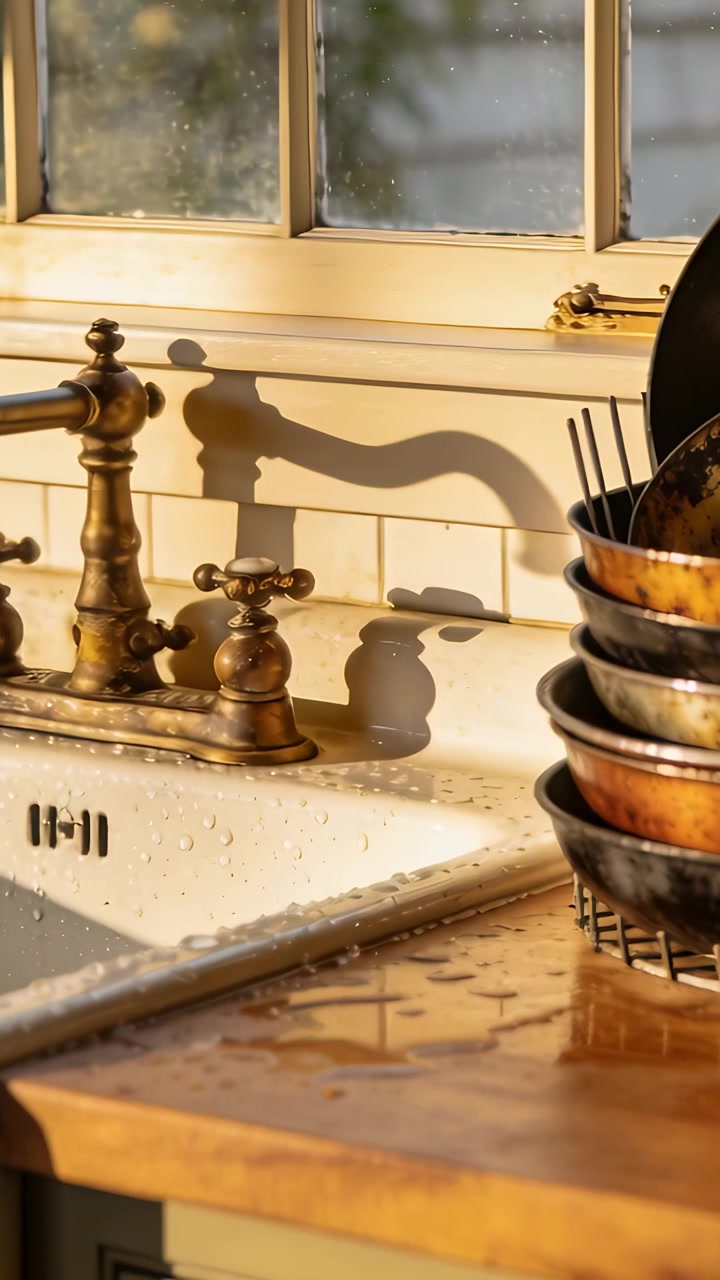 Vertical video: Panning cam over sink, light shifting, revealing bowls and brass tap showing drying